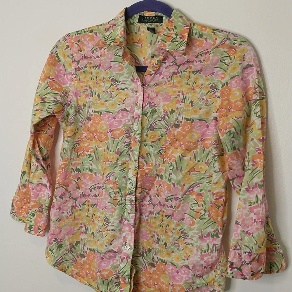 Lauren Ralph Lauren pink yellow orange green watercolor floral button down shirt - Picture 2 of 4